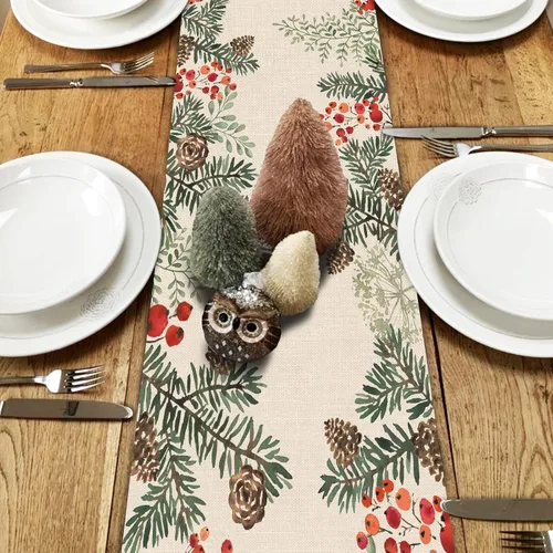 Miniatura 4 de Seliem Camino de Mesa de Rama de Aguja de Piña de Pino de Invierno con Bayas, Bufanda de Mesa Botánica de Acuarela, Decoración de Plantas para Hogar