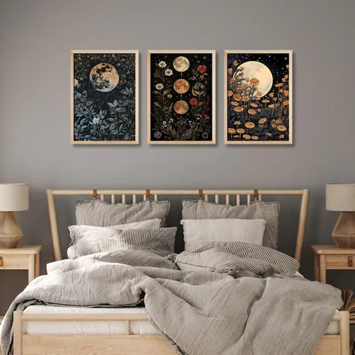 Miniatura 5 de 3 piezas enmarcadas de plantas de fase lunar en lienzo, arte de pared retro con diseño de flores de luna, impresión de póster con imagen celestial