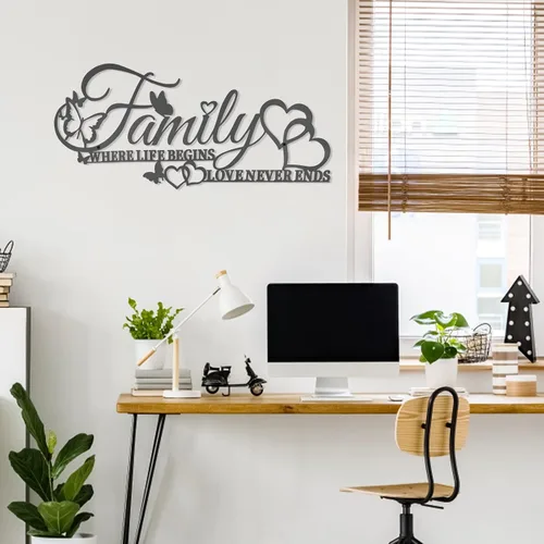 Miniatura 8 de Family Where Life Begins Love Never Ends Word - Decoración de pared de metal negro con corazón de mariposas, escultura colgante de letras de hierro