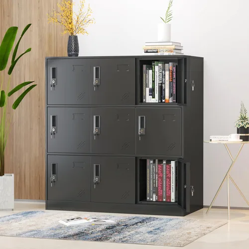 Miniatura 2 de Taquillas metálicas de 9 puertas para empleados, armario de almacenamiento de acero con cerradura y ranura para tarjetas, almacenamiento de metal