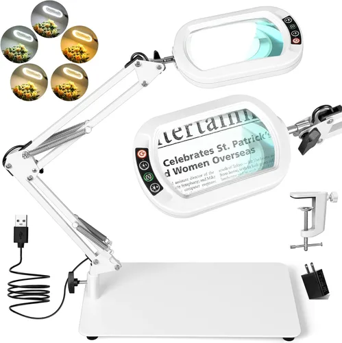 Miniatura 10 de Drdefi Lupa cuadrada de 10X con luz y soporte, lupa de cristal real iluminada con LED, 5 modos de color regulable continuo, lámpara de escritorio
