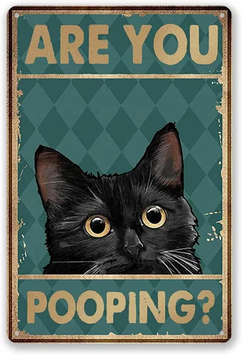 Cartel de decoración de baño de gato negro divertido de 8 x 12 pulgadas, arte de pared de metal, letrero de "Are You Pooping", letrero de baño