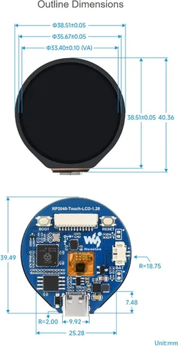 Miniatura 7 de Placa de desarrollo de microcontrolador RP2040 de tamaño compacto con LCD táctil redondo de 1.28 pulgadas y acelerómetro y sensor giroscopio