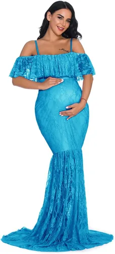 Miniatura 2 de ZIUMUDY Vestido de maternidad de encaje ajustado con mangas con volantes y hombros descubiertos, vestido de fotografía para baby shower