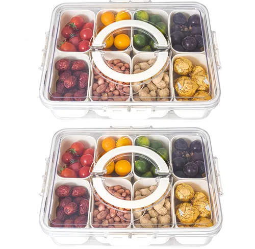 Miniatura 15 de Dingerjar Bandeja dividida para servir con tapa y asa, contenedor de charcutería para aperitivos portátiles, organizador transparente para dulces