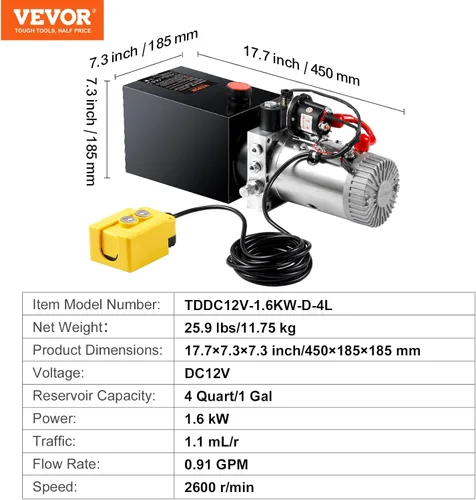 Miniatura 7 de VEVOR Bomba hidráulica, unidad de potencia hidráulica de 4 cuartos, bomba de remolque de descarga de acción única, tasa de flujo de 0.91 GPM