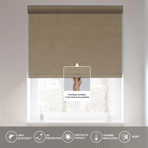 Miniatura 5 de Boolegon Persianas enrollables opacas para ventana, sin cordón, de tela de lino con aislamiento térmico, protegen de luz UV, casa, oficina, Beige