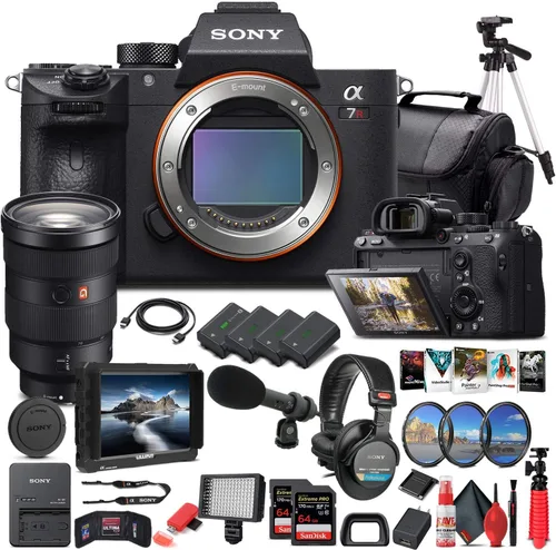 Sony Cámara digital sin espejo Alpha a7R III (solo cuerpo) (ILCE7RM3/B) + lente Sony FE de 0.945-2.756 in + monitor 4K + auriculares Pro + Pro Mic +