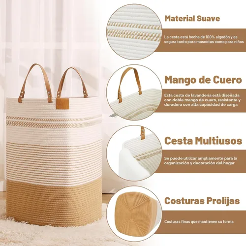 Miniatura 2 de danpinera Cesta Grande de Lavandería – Cesta de Almacenamiento Tejida de Algodón Alto de 75L con Asas de Cuero, Cesta de Ropa Sucia Esbelta, Cesta