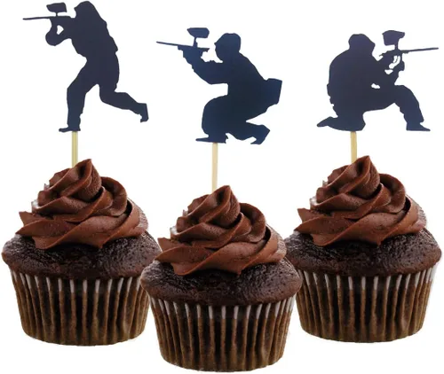 Morndew 24 adornos para cupcakes de paintball para fiestas deportivas, baby shower, fiesta de cumpleaños, decoración de fiesta de boda