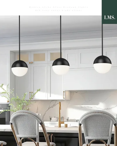 Miniatura 7 de LMS Luces colgantes negras de 8 pulgadas para isla de cocina, lámpara colgante moderna de globo con vidrio esmerilado, lámpara colgante Negro
