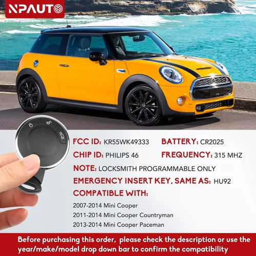 Miniatura 3 de NPAUTO Llavero de Repuesto Compatible con Mini Cooper 2007 2008 2009 2010 2011 2012 2013 2014 - Control Remoto de Entrada sin Llave, Llaveros