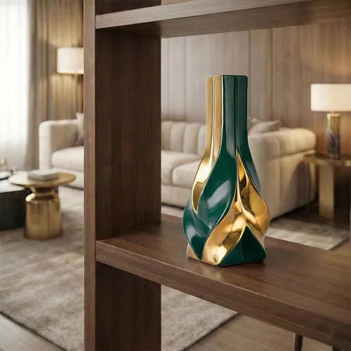Miniatura 2 de Jarrón de cerámica verde y dorado de 10.6 pulgadas, moderno jarrón de flores geométrico para centro de mesa de comedor, elegante jarrón decorativo
