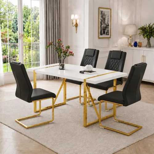 Miniatura 11 de Juego de mesa de comedor moderna de 55 pulgadas para 4, mesa de comedor negra y marco de metal dorado, mesa de comedor rectangular con 4 sillas