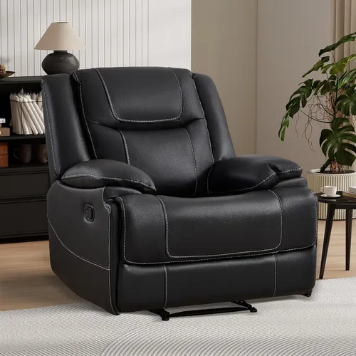 EBELLO Genuine Leather Recliner Manual Chair for Living Room, 1 Seater Reclining Sofa Chair with Headrest and Armrest, Modern Durable Home Furniture