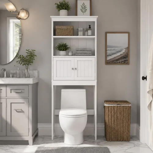 Miniatura 5 de Estantes de baño sobre el inodoro con 2 puertas de madera sobre el inodoro, organizador de baño independiente sobre el inodoro, color blanco