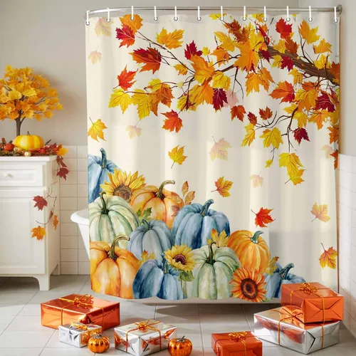 Miniatura 4 de Cortina de ducha de otoño con hojas de arce y ganchos, tela de poliéster impermeable, cosecha de Acción de Gracias, calabaza, girasol, juego