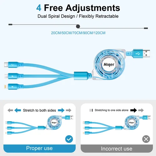 Miniatura 5 de Cable USB C de carga rápida múltiple 4A [2 unidades/4 pies] cargador múltiple retráctil USB A a tipo C/Lightning/Micro USB 3 en 1 cable USB
