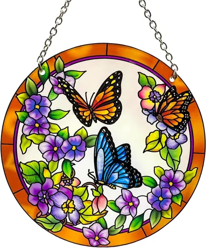 Colgantes de ventana de cristal de colores de mariposa, atrapasoles de flores coloridas de 6 pulgadas, panel de vidrio colorido, atrapasoles bonitos