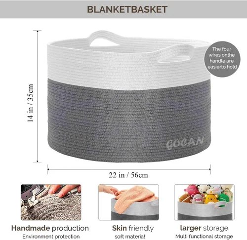 Miniatura 3 de GOCAN Cestas de almacenamiento para organizar D22"H14" Cesta grande de manta para lavandería Cesta de cuerda de algodón tejida para juguetes y Gris