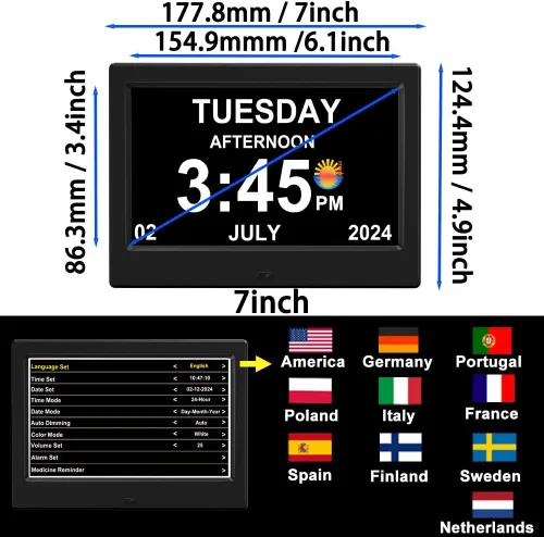 Miniatura 3 de Reloj despertador sin adaptador de corriente con día y fecha para ancianos, marco de fotos digital de 7 pulgadas, pantalla regulable