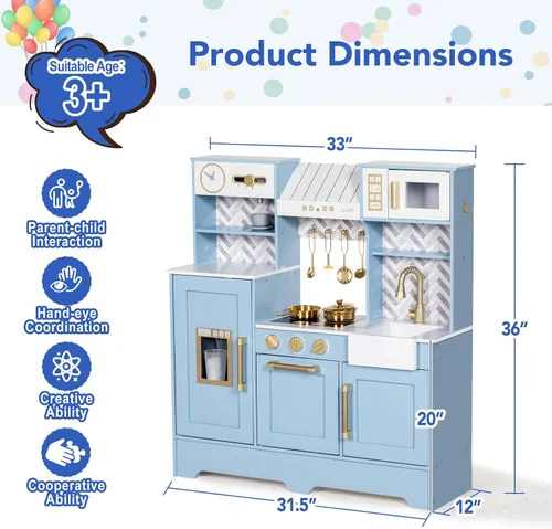 Miniatura 7 de BRINJOY Cocina de Juguete para Niños, Juego de Cocina de Madera para Niños con Cafetera, Horno, Estufa, Fregadero, Delantal, Máquina de Hielo, Azul