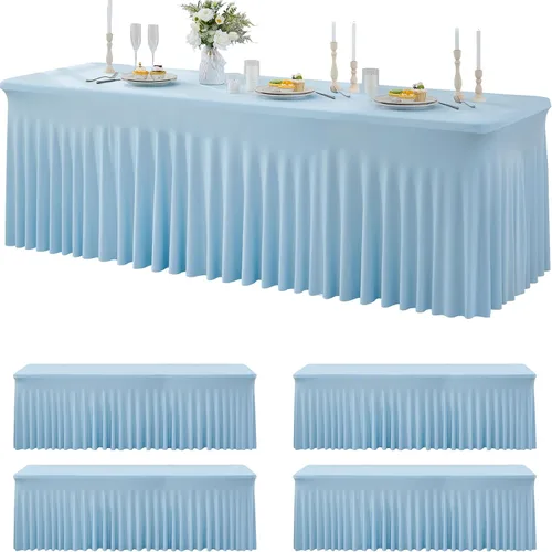 Miniatura 63 de Paquete de 2 manteles de spandex para mesas rectangulares de 8 pies, mantel elástico rosa de 8 pies, manteles ajustados, falda de mesa para fiestas