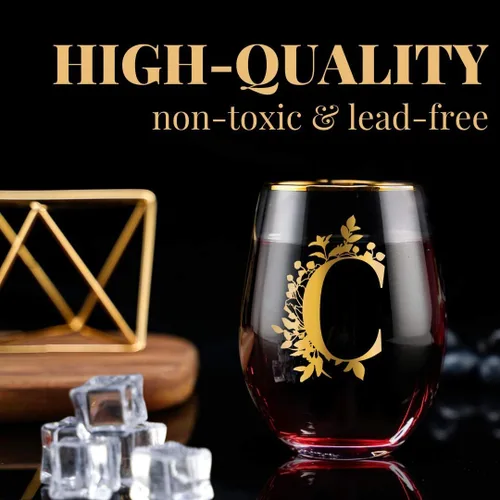 Miniatura 2 de Onebttl Copas de vino únicas sin tallo, copa de vino inicial para vino tinto o blanco, 18 onzas, monogramada, dorada, para mujeres, niñas, mujeres