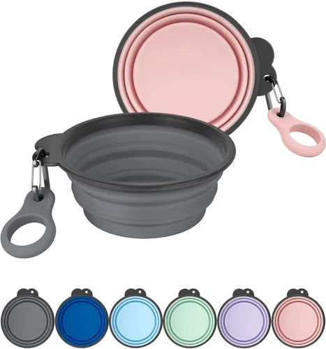 Aonkey Tazones plegables para perros con portabotellas, paquete de 2 cuencos de agua para perros de viaje con mosquetón mejorado, borde moldeado de