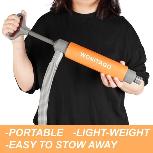 Miniatura 7 de Bomba de sentina manual para kayak, canoa y barco, bomba de agua manual de sifón portátil de 17 pulgadas para kayaks con manguera reversible, naranja