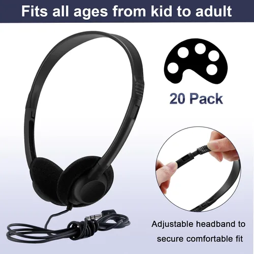 Miniatura 2 de Yunsailing Paquete de 20 auriculares a granel con diadema ajustable de 0.138 in, auriculares para programas de aprendizaje, laboratorio de Negro