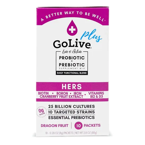 GoLive Probiótico para mujeres – Polvo sinbiótico sin azúcar con prebióticos, arándano, biotina, B12 y D3-25 mil millones de UFC, 10 cepas clínicas