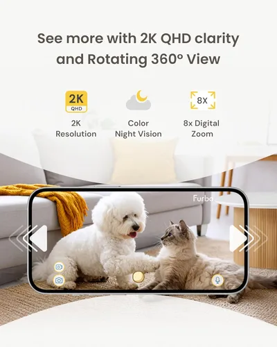 Miniatura 5 de Furbo Mini 360° [Nuevo] Cámara para mascotas 2K QHD: Dispensador de premios giratorio para perros y gatos con aplicación para teléfono, cámara