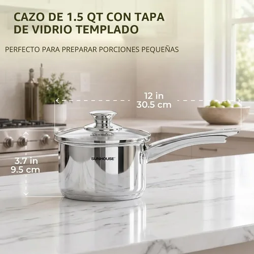 Miniatura 2 de Sunhouse Cacerola de acero inoxidable de 1.5 cuartos de galón con tapa, olla pequeña para cocinar, sin PFOA, base de inducción avanzada de unión