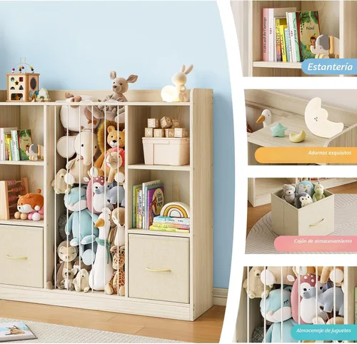 Miniatura 4 de EXPERLAM Organizador de almacenamiento de juguetes 4 en 1 con almacenamiento de animales de peluche, estantería de pino macizo para niños y estante