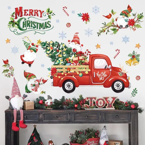 Wondever Pegatinas de pared de camiones rojos - Gnomos, árbol de Navidad, calcomanías de arte para ventana para fiesta, decoración navideña para el