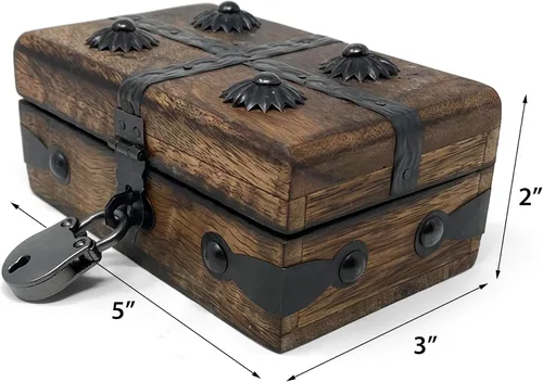 Miniatura 3 de Nautical Cove - Cofre del tesoro de madera con cerradura de hierro antigua y llave de esqueleto (XS, 5 x 3 x 2) - Almacenamiento y decoración