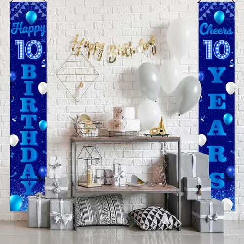 Miniatura 5 de Cartel de feliz cumpleaños número 10 color azul y negro, decoración temática de globos de confeti para niñas de 10 años, suministros de cumpleaños