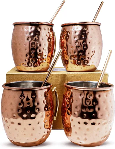 Miniatura 2 de Artisan's Anvil Tazas para Moscow Mule con pajitas, cómodo asa de latón, fabricadas en acero inoxidable, forma martillada original, recubiertas