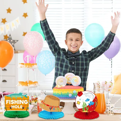 Miniatura 6 de Zonon 12 piezas de decoraciones de fiesta de pesca que se han ido a pescar, decoraciones de fiesta, mesa de nido de abeja, suministros de pescador