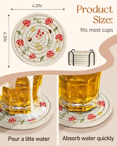 Miniatura 4 de Juego de 6 Posavasos para Bebidas - Posavasos Absorbentes para Tazas para Bebidas Mesa de Café Hogar Oficina Escritorio Decoración Tela de Algodón