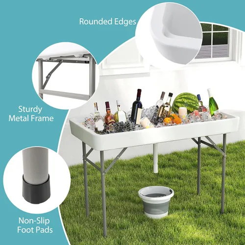 Miniatura 9 de Giantex Mesa enfriadora de hielo plegable, mesa de barra fría para exteriores de 46 pulgadas con drenaje, cubo plegable y falda extraíble a juego