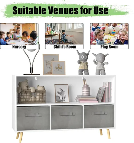 Miniatura 6 de Estantería para niños, organizador de almacenamiento de juguetes, estantería para niños con 3 cajones de tela plegables y patas de madera
