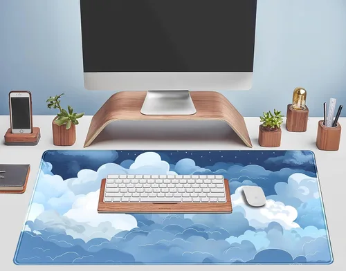 Miniatura 5 de Almohadilla de escritorio estética de nubes hinchables azules y blancas XXL, gran alfombrilla de ratón azul Kawaii extendida para juegos con bordes