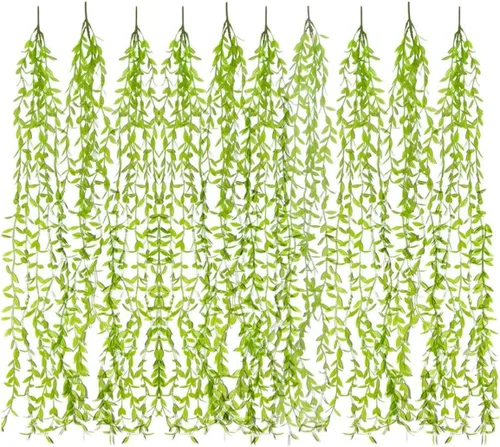 Paquete de 10 enredaderas artificiales, hiedra colgante, sauce, hojas verdes, plantas de plástico, guirnalda sintética resistente a los rayos UV,