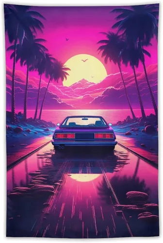 Miniatura 9 de QEOPGNE Synthwave - Tapiz morado para automóvil deportivo de anime, arte de pared de automóvil de carreras de neón, Vaporwave de neón, decoración