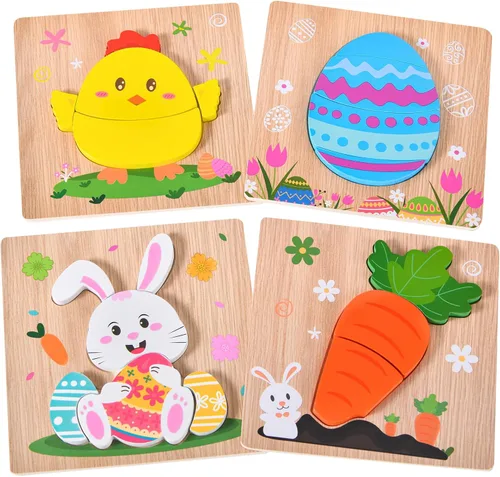 Paquete de 4 rompecabezas de madera de Pascua para niños y niñas pequeños, rompecabezas de juguetes para cestas de Pascua, regalos de fiesta