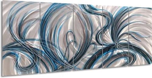Miniatura 10 de Yihui Arts Arte abstracto de pared de metal, hecho a mano, 5 paneles grandes, grandes, azul, verde azulado, plateado, único, aluminio 3D, moderno