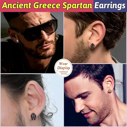 Miniatura 6 de FaithHeart Spartan - Aretes de casco para hombres y mujeres, acero inoxidable, chapado en oro de 18 quilates, joyería de Grecia con delicado
