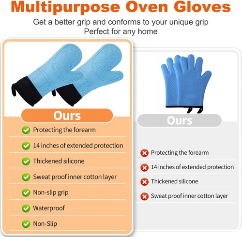 Miniatura 4 de Guantes de horno de silicona resistentes al calor, impermeables, mango flexible, lavable para comida caliente, color azul, extra largo